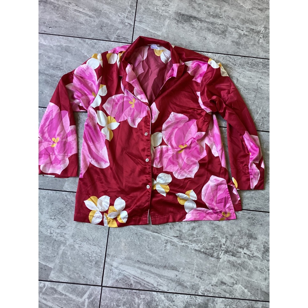 Natori Womens Red Pink Floral Satin Pajama Top Button Down Sleep Shirt Large